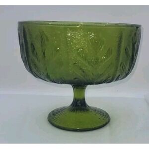 Vintage‎ FTD Avacado Green Glass Footed Dish Oak Leaf Pattern